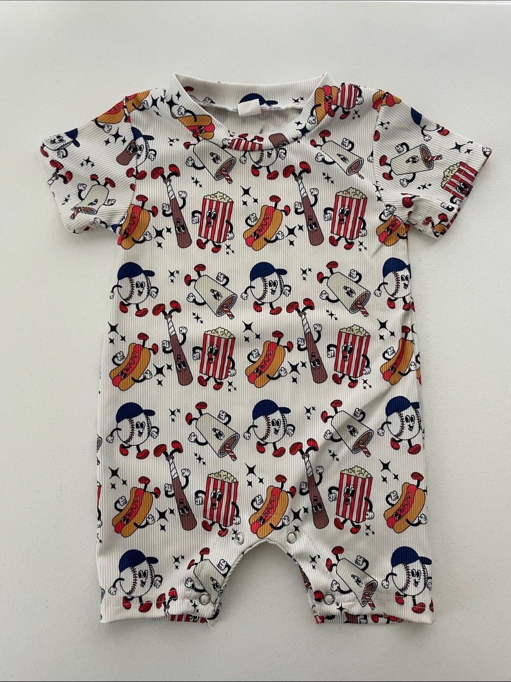 Baby Short-Sleeve One-Piece in White with Red & Blue Baseball Snack Print